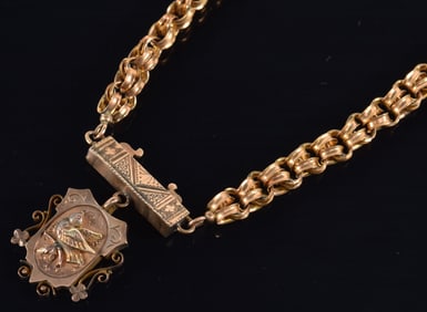 19th century 10K gold fancy double chain link necklace. Gold filled pendant with swallow motif.