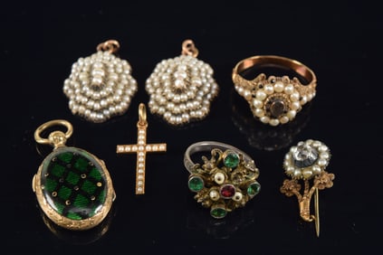 Lot of antique jewelry including enamel locket, 12K gold seed pearl earrings, 14K gold ring with