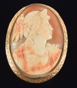 Antique 14K gold carved shell cameo pin/pendant. Engraved gold frame. Clasp marked