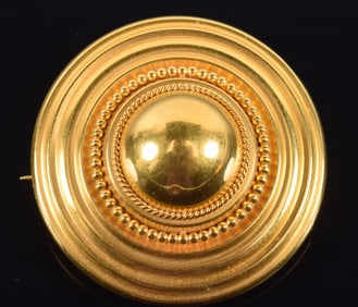 14K gold Etruscan Revival style pin/pendant. Shield design with raised center and bead pattern