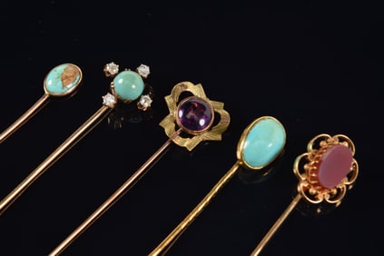 Lot of 5 14K gold stick pins. To include 3 turquoise mounted pins, one with 4 round cut diamonds,