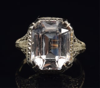 Antique 14K gold white sapphire mounted ring. Large rectangular cut sapphire measures 12 x 9.4mm.