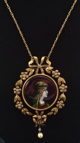 Antique French 18K gold enamel decorated pendant necklace. Enamel portrait of a Renaissance figure