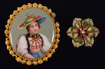 2 antique gold pins. 1) 10K enameled flower pin set with seed pearls. Unmarked, but tests as 10K.