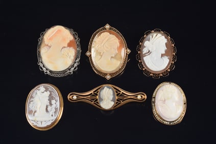 Lot of 6 antique gold cameos. [2] 14K gold cameos (art nouveau style pierced bar pin and filigree