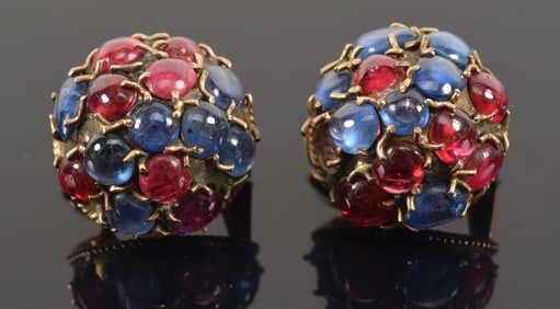 Pair of 14K gold sapphire and ruby mounted earrings. Dome shaped with various oval and pear shaped