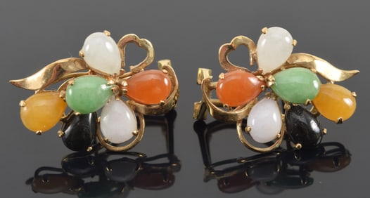 Pair of 14K gold multi colored stone mounted earrings. Marked 14K 585. 7/8in length. 5.6 grams.