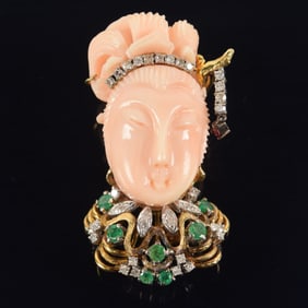 14K gold carved coral, diamond and emerald pin. Coral carved as Quanyin wearing a headband collar
