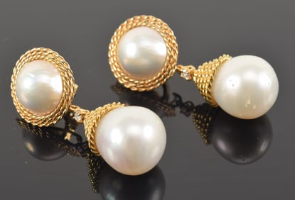 18K gold large mabe pearl earrings. Braided gold with diamond mount, convertible to separate
