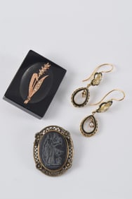 Lot of 3 antique pieces of jewelry. 1) Gold cat tail mounted on onyx setting. 2) Pair of gold enamel