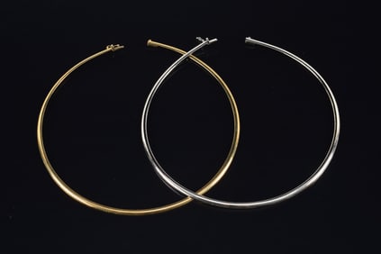 [2] 14K gold chocker necklaces, one white gold the other yellow. Marked 14K Italy. White gold