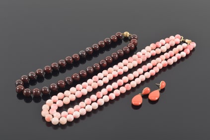 14K gold jewelry. To include: 1) Angel skin color beaded stone dual strand necklace with 14K gold