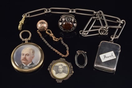Lot of vintage jewelry and accessories. 1) English sterling silver match safe with enamel panel