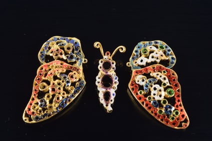 18K gold enameled butterfly pin. Empty gem settings. Unmarked, tests as 18K. Enamel worn in areas.