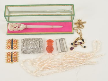 Assorted jewelry and decorative items. To include: Carved and pierced white stone implement, carved
