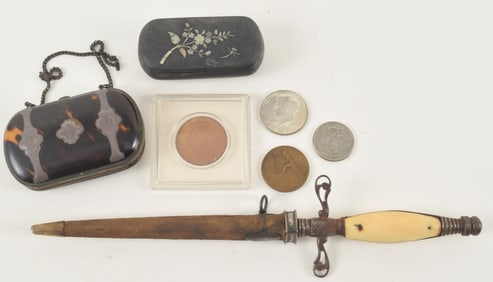 Lot of assorted items, including antique stiletto dagger, lacquered box, and 4 coins/medallions.