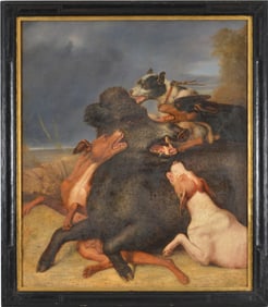 Large early 19th century fine quality wild boar hunting scene with dogs tackling a wild boar, in the