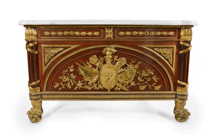 In the manner of Francois Linke, Louis XVI style mahogany and ormolu mounted commode a Vantaux,