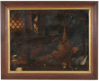18th/19th century old master British school still life of dead game hanging in a kitchen interior.