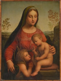 Italian School, 16-17th Century. Madonna with Jesus holding a finch and St. John.