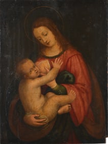 Italian school 17th century. Madonna and Child. Oil on wood panel. Unframed. 23 1/2 x 19 1/4in
