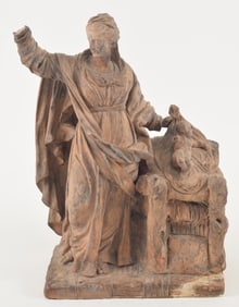 18th century or earlier terracotta sculpture of the presentation of Christ. Inscription on underside