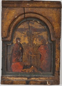 Italian old master painting. 16th century or earlier, likely Sienese school. The Crucifixion with