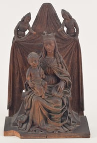 Renaissance style Rhenish grand tour wood carving of the Madonna and Child with attendants. Losses.