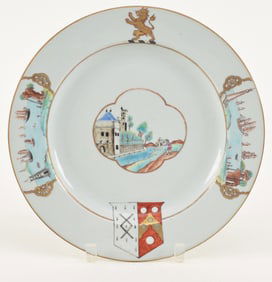 Armorial Chinese export porcelain charger. 18th century. Famille rose decoration of Europeans and