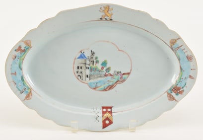 Armorial Chinese export porcelain charger. 18th century. Famille rose decoration of Europeans and