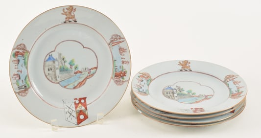5 armorial Chinese export plates. 18th century. Famille rose decoration of Europeans and ships under