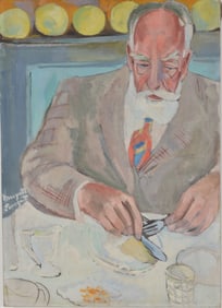 Margarett McKean Sargent. American. Portrait of a man dining. Oil on canvas. Unframed. Signed center