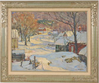 Aldro T. Hibbard. 1886-1972. New England winter village scene with mountains in background. Oil on
