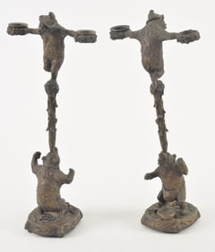 Christophe Fratin pair of acrobatic bears bronze candlesticks. Each depicting a pair of street