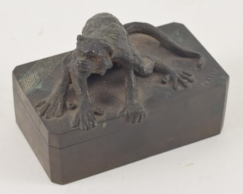 Christophe Fratin bronze match safe adorned with a monkey. Signed on corner of lid. 3in wide.