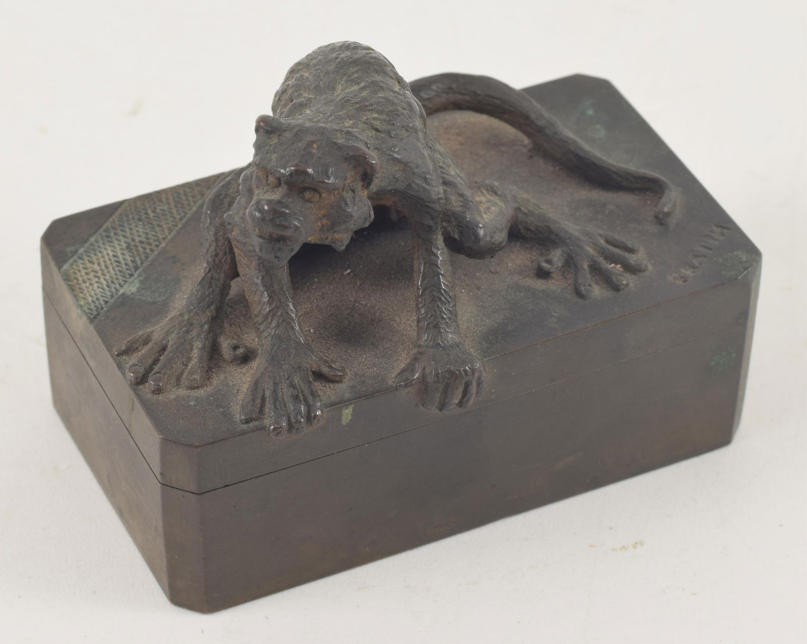 Christophe Fratin bronze match safe adorned with a monkey. Signed on corner of lid. 3in wide. (1 of 8)