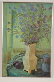 Lorena Naylor. 20th century. Still life vase with purple flowers. Oil on canvas. Signed lower