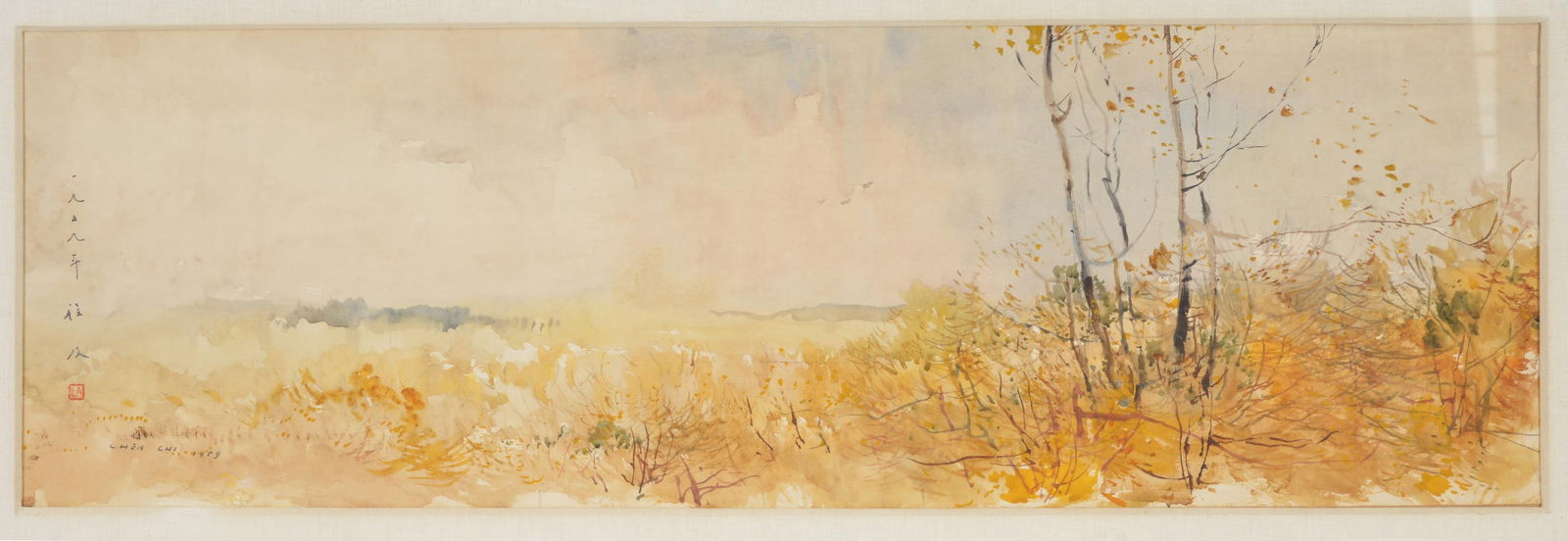 Chen Chi, New York/China 1912-2005. Autumn landscape with trees and grasses. Signed and dated lower: Chen Chi, New York/China 1912-2005. Autumn landscape with trees and grasses. Signed and dated lower right 1959 with seal. Watercolor on paper. Finely framed and matted. The painting is offered with an