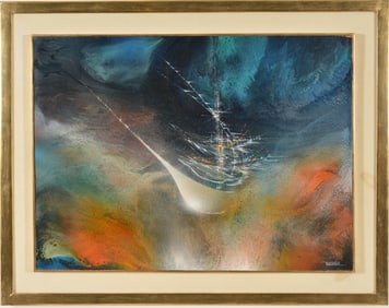 Leonardo Nierman. "Enchanted Ship". Mixed media on board. Signed lower right. Titled on reverse.