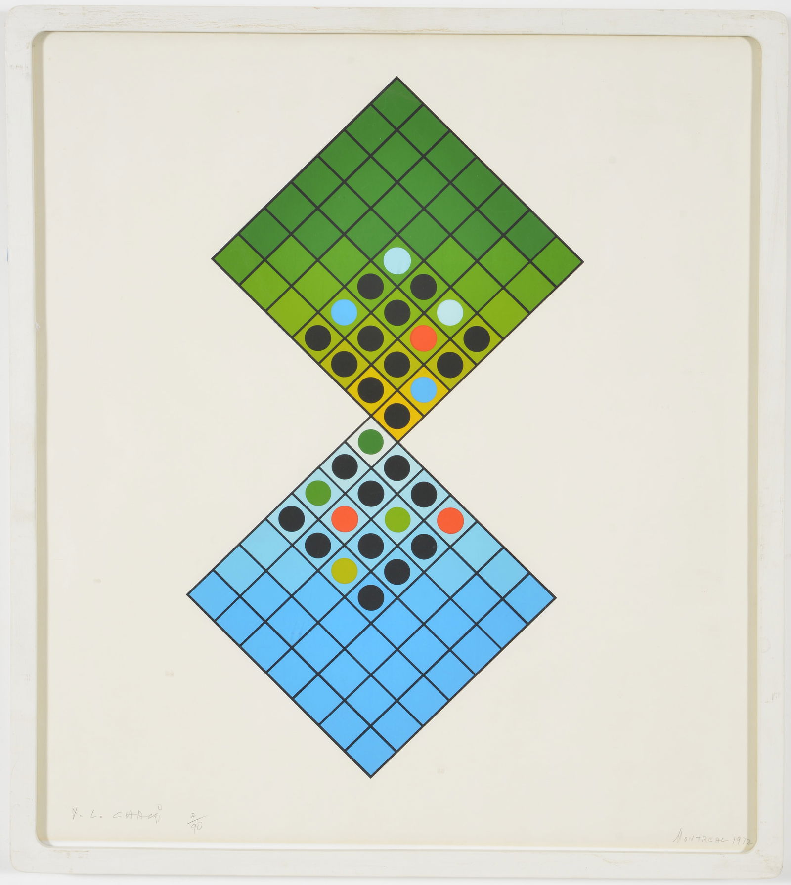 Yehouda Chaki. Canadian/Israeli. Limited edition lithograph of geometric circles and squares. Signed: Yehouda Chaki. Canadian/Israeli. Limited edition lithograph of geometric circles and squares. Signed lower left. Edition 2/90. Signed, Montreal 1972 lower right. Framed. Overall: 23.5 x 21in.