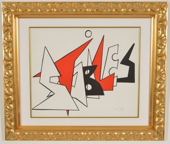Alexander Calder. "Stabiles" color lithograph. Signed in pencil lower right. Framed under glass.