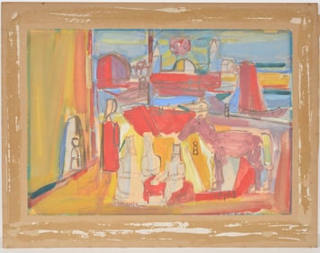 Mid 20th century abstract figural painting with horse, houses, boats, etc. Signed illegibly lower