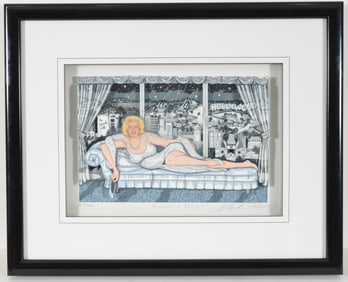 Charles Fazzino. "Essence of Marilyn". 3-D pop art shadowbox depicting Marilyn Monroe reclining on a