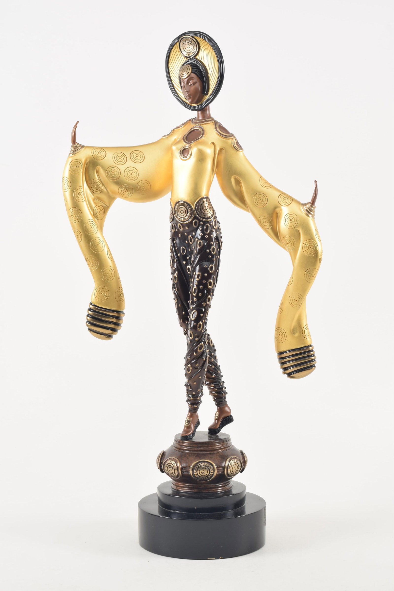 Erte "Willow Tree" patinated bronze sculpture. Art Deco dancer in ornate costume. Signed on base.: Erte "Willow Tree" patinated bronze sculpture. Art Deco dancer in ornate costume. Signed on base. Limited edition numbered 328/375 on side of base. Marked Chalk E. Vermilion and Sevenarts and dated 19