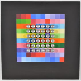 Yehouda Chaki. Canadian/Israeli. Original artwork. Oil on panel with applied spun metal cylinders.