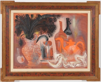 Byron Browne. "Vase of Flowers". 1958. Abstract still life painting. Oil on canvas. Signed lower