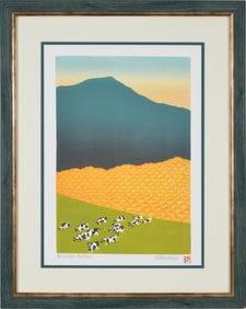 Sabra Field. Vermont. "Mountain Autumn". Colorful woodblock print of cows grazing in a mountain