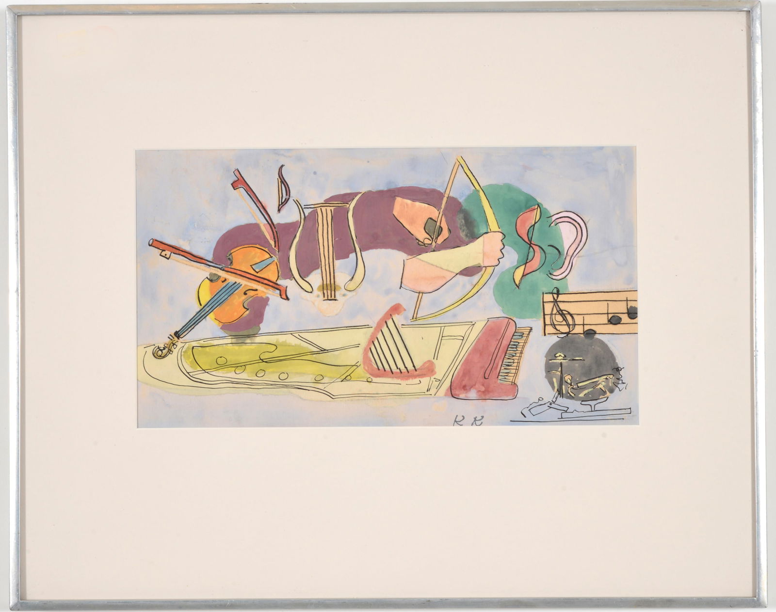 Karl Knaths. American. Original gouache painting of abstract figures. Monogram lower right. Estate: Karl Knaths. American. Original gouache painting of abstract figures. Monogram lower right. Estate stamp on reverse. Sight: 7.5 x 13.5in. Overall: 16.25 x 20.25in.