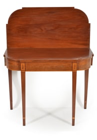 Massachusetts Federal inlaid games table with a D form top above an apron with string and pattern
