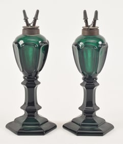 Pair of rare dark green whale oil lamps with fonts, 19th Century. Height 11 in.